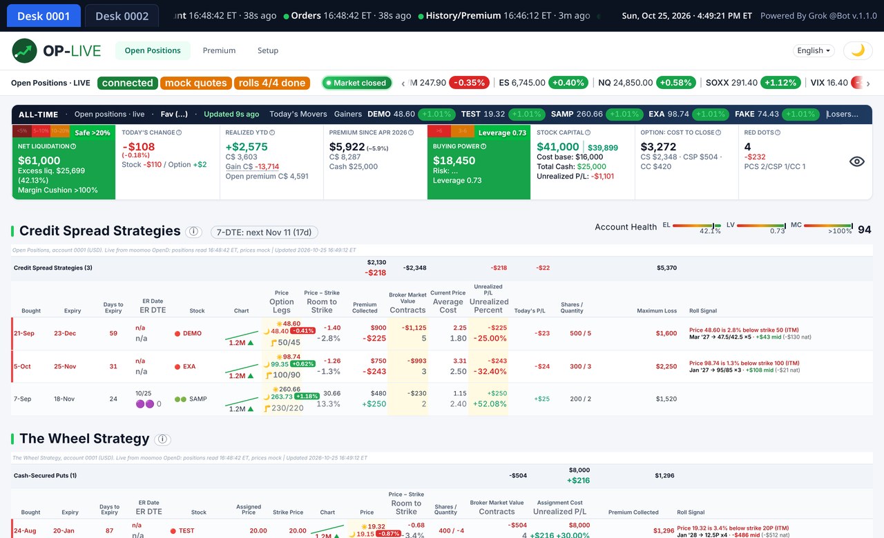 OP-LIVE Open Positions view with demo data
